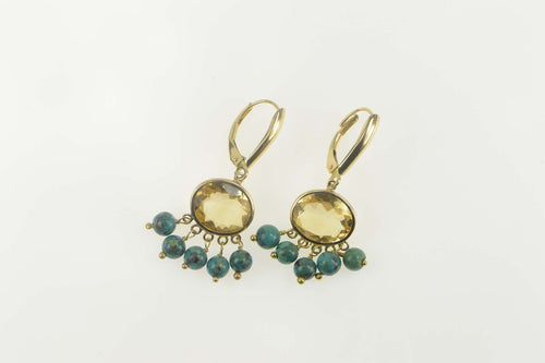 14K Oval Citrine Turquoise Fringe Dangle Statement Earrings Yellow Gold