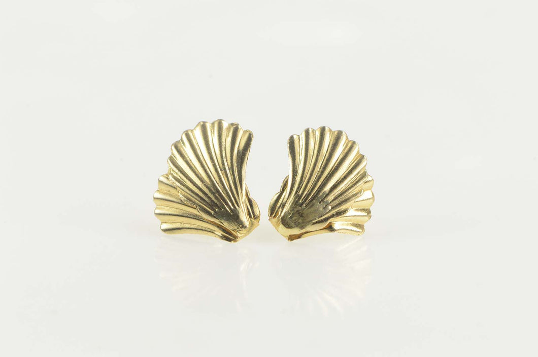 14K Grooved Sea Scallop Shell Beach Stud Earrings Yellow Gold