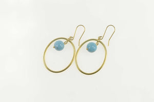 14K Turquoise Dangle Oval Bead Statement Earrings Yellow Gold