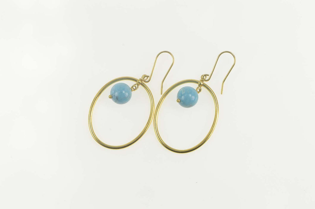 14K Turquoise Dangle Oval Bead Statement Earrings Yellow Gold