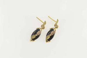 10K Black Hills Leaf Black Onyx Dangle Earrings Yellow Gold