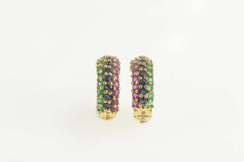 14K Emerald Ruby Sapphire Encrusted Semi Hoop Earrings Yellow Gold