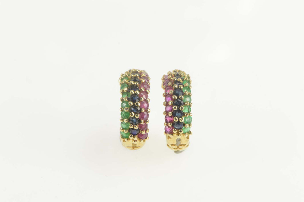 14K Emerald Ruby Sapphire Encrusted Semi Hoop Earrings Yellow Gold