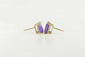 14K Amethyst Solitaire Emerald Cut Stud Earrings Yellow Gold