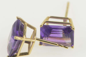 14K Amethyst Solitaire Emerald Cut Stud Earrings Yellow Gold