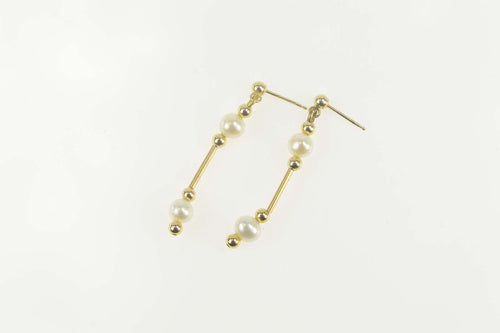 14K Pearl Beaded Bar Dangle Statement Earrings Yellow Gold
