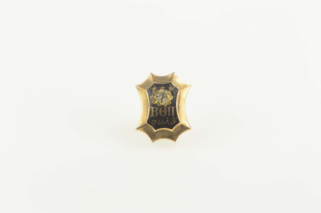 10K Art Deco Beta Theta Pi Diamond Enamel Lapel Pin/Brooch Yellow Gold