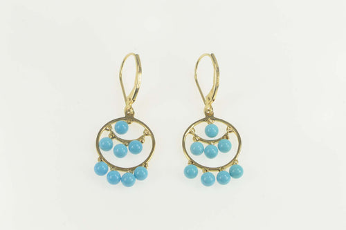 14K Round Turquoise Fringe Dangle Circle Earrings Yellow Gold