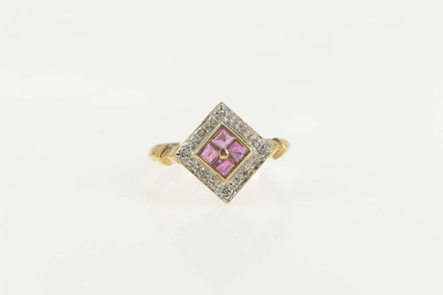 10K Princess Ruby Diamond Halo Square Cluster Ring Size 6 Yellow Gold