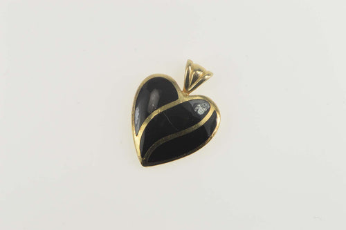 14K Black Onyx Inlay Wavy Heart Love Pendant Yellow Gold