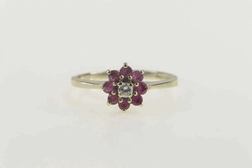 14K Diamond Ruby Flower Halo Engagement Ring Size 5.25 White Gold