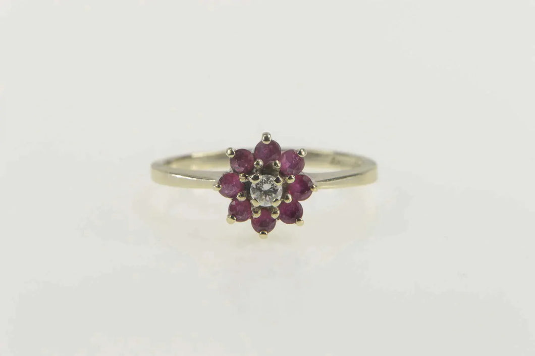 14K Diamond Ruby Flower Halo Engagement Ring Size 5.25 White Gold