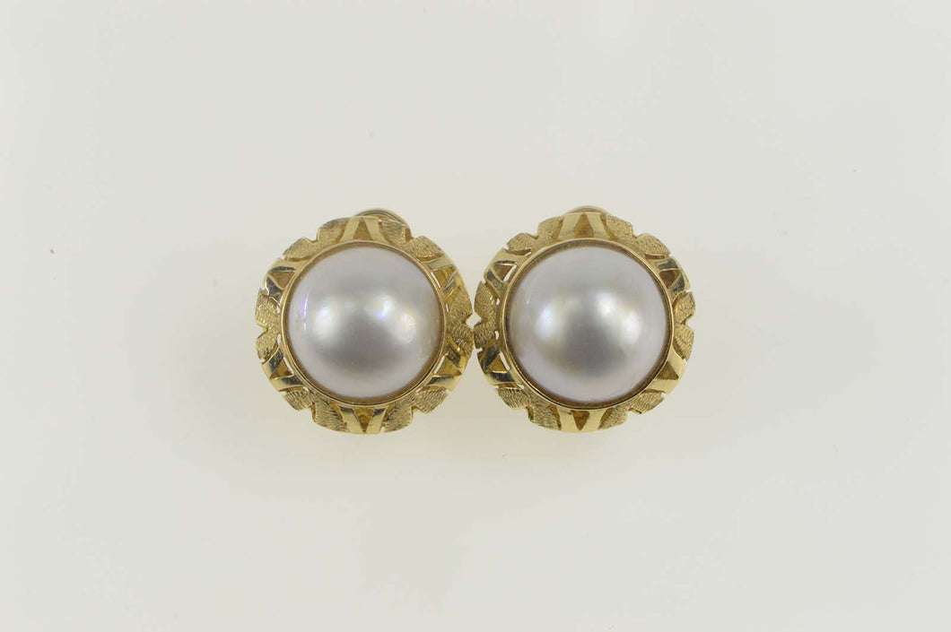 14K Ornate 1960's Retro Pearl French Clip Earrings Yellow Gold