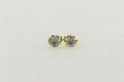 14K Round Blue Topaz Solitaire Retro Stud Earrings Yellow Gold