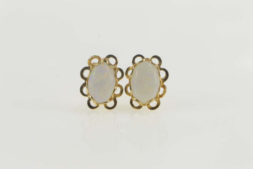 14K Scalloped Trim Natural Opal Oval Stud Earrings Yellow Gold