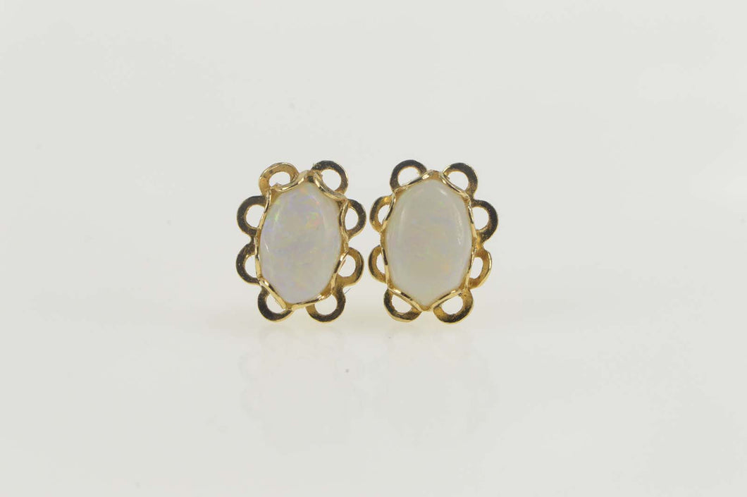 14K Scalloped Trim Natural Opal Oval Stud Earrings Yellow Gold