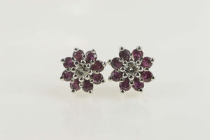 14K Diamond Ruby Halo Flower Cluster Stud Earrings White Gold