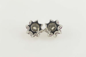 14K Diamond Ruby Halo Flower Cluster Stud Earrings White Gold