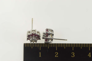 14K Diamond Ruby Halo Flower Cluster Stud Earrings White Gold