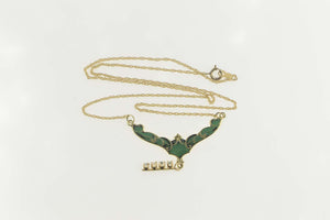 14K Green Enamel Art Nouveau Scroll Chevron Necklace 16.5" Yellow Gold