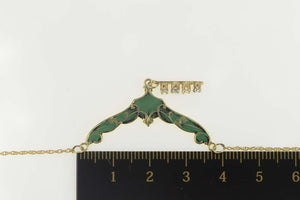 14K Green Enamel Art Nouveau Scroll Chevron Necklace 16.5" Yellow Gold