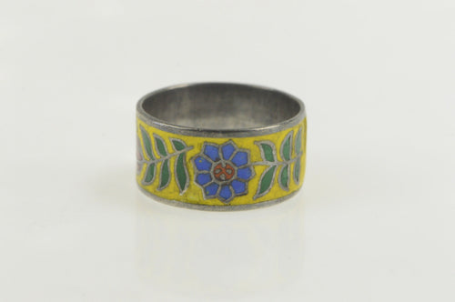 Sterling Silver Dutch Colorful Floral Enamel Pattern Band Ring
