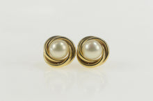 Load image into Gallery viewer, 14K Pearl Inset Twist Trim Classic Simple Stud Earrings Yellow Gold
