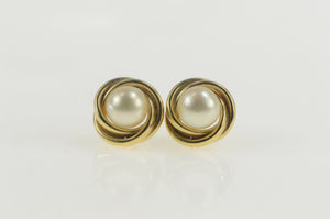 14K Pearl Inset Twist Trim Classic Simple Stud Earrings Yellow Gold