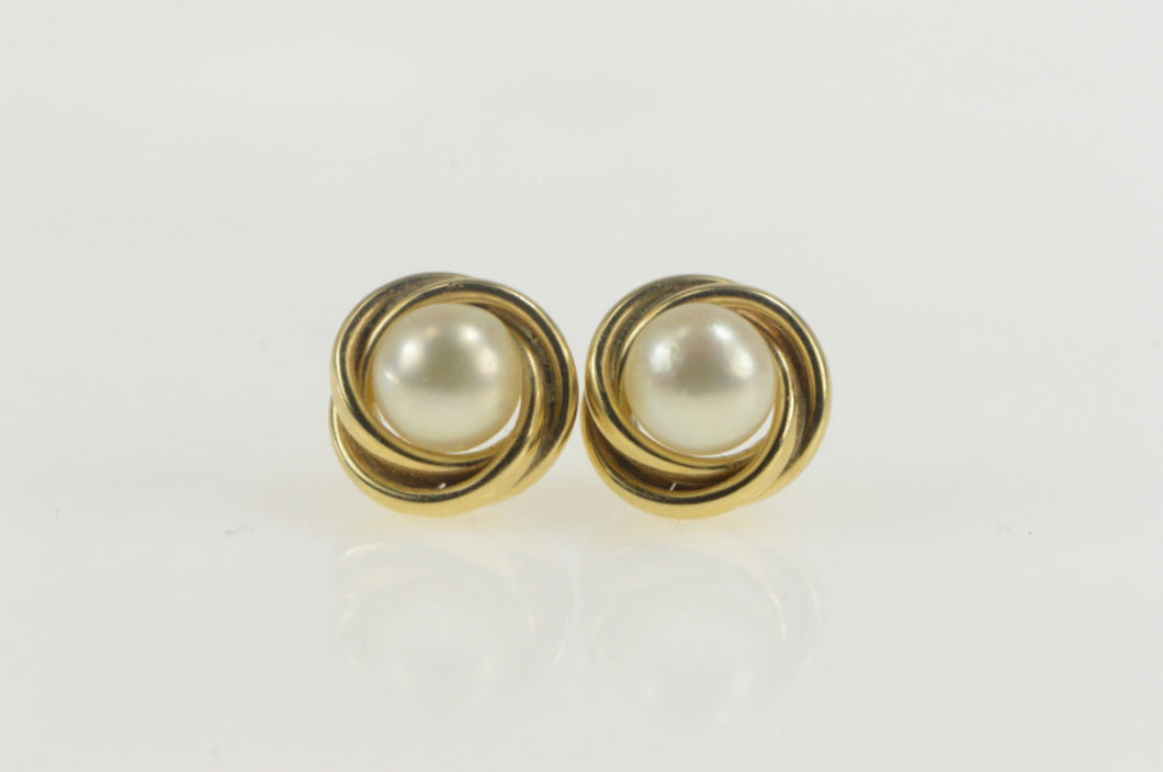 14K Pearl Inset Twist Trim Classic Simple Stud Earrings Yellow Gold