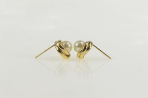 14K Pearl Inset Twist Trim Classic Simple Stud Earrings Yellow Gold