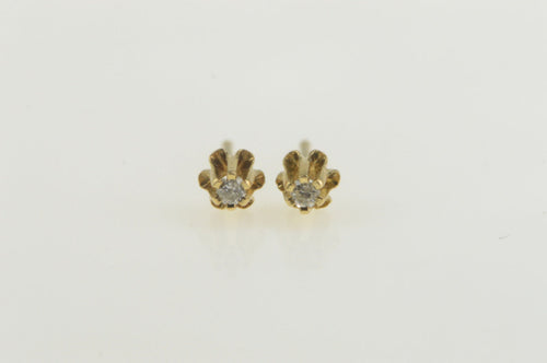 14K Diamond Solitaire Scalloped Retro Stud Earrings Yellow Gold