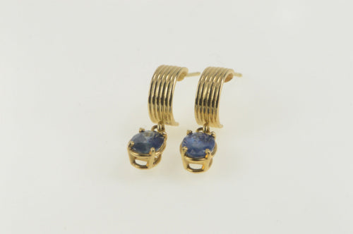 14K Oval Natural Sapphire Dangle Semi Hoop Earrings Yellow Gold