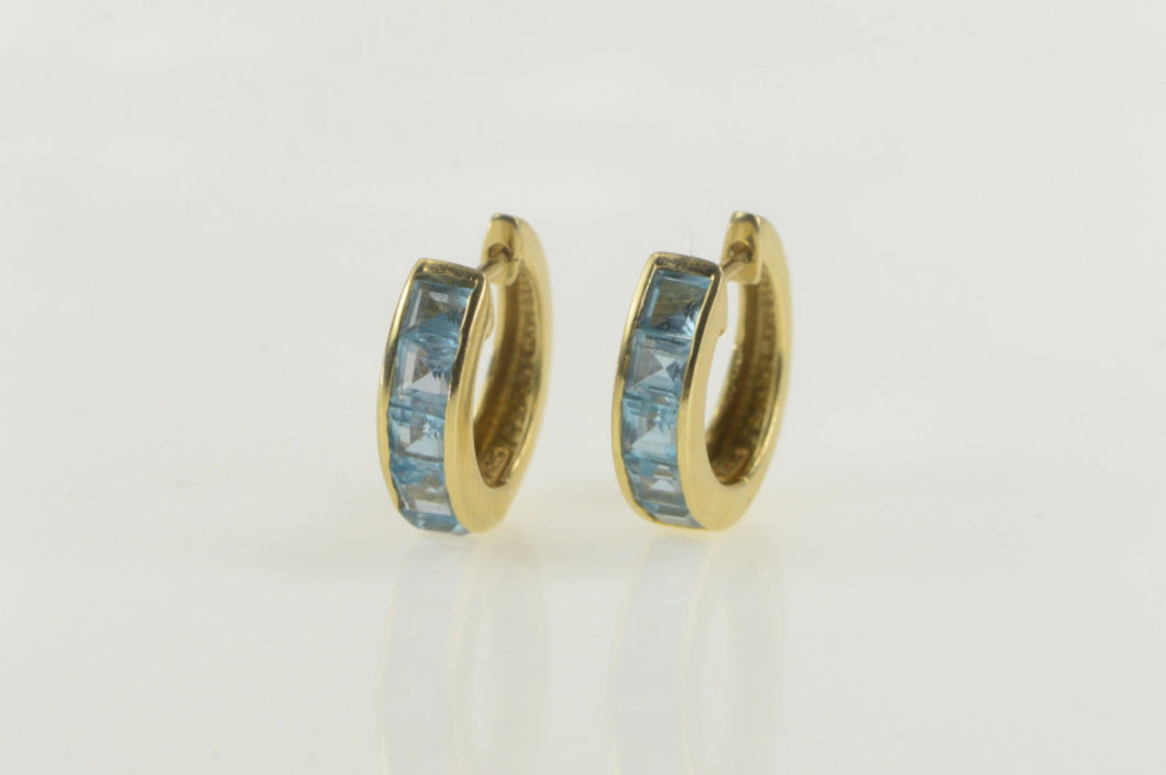 14K Princess Blue Topaz Inset Statement Hoop Earrings Yellow Gold
