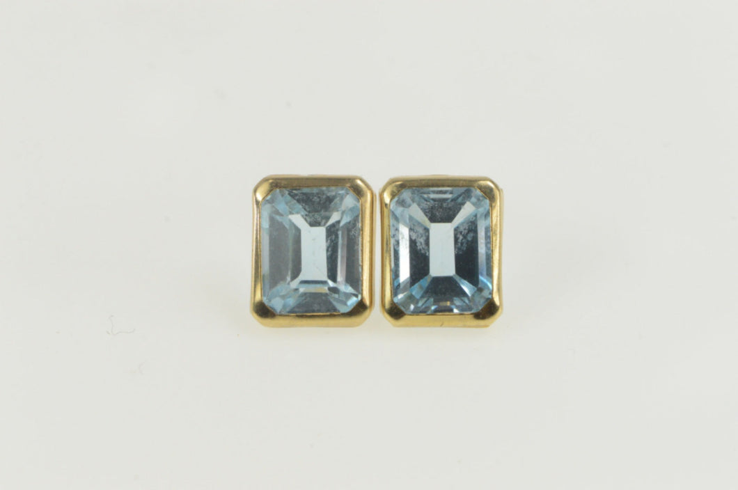 14K Emerald Cut Blue Topaz Solitaire Squared Earrings Yellow Gold