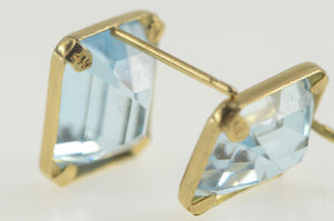 14K Emerald Cut Blue Topaz Solitaire Squared Earrings Yellow Gold