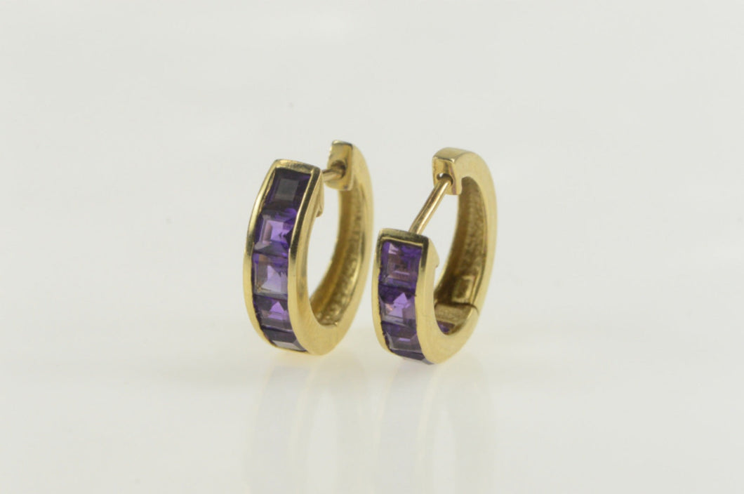 14K Squared Princess Amethyst Statement Hoop Earrings Yellow Gold