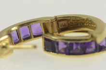 Load image into Gallery viewer, 14K Squared Princess Amethyst Statement Hoop Earrings Yellow Gold