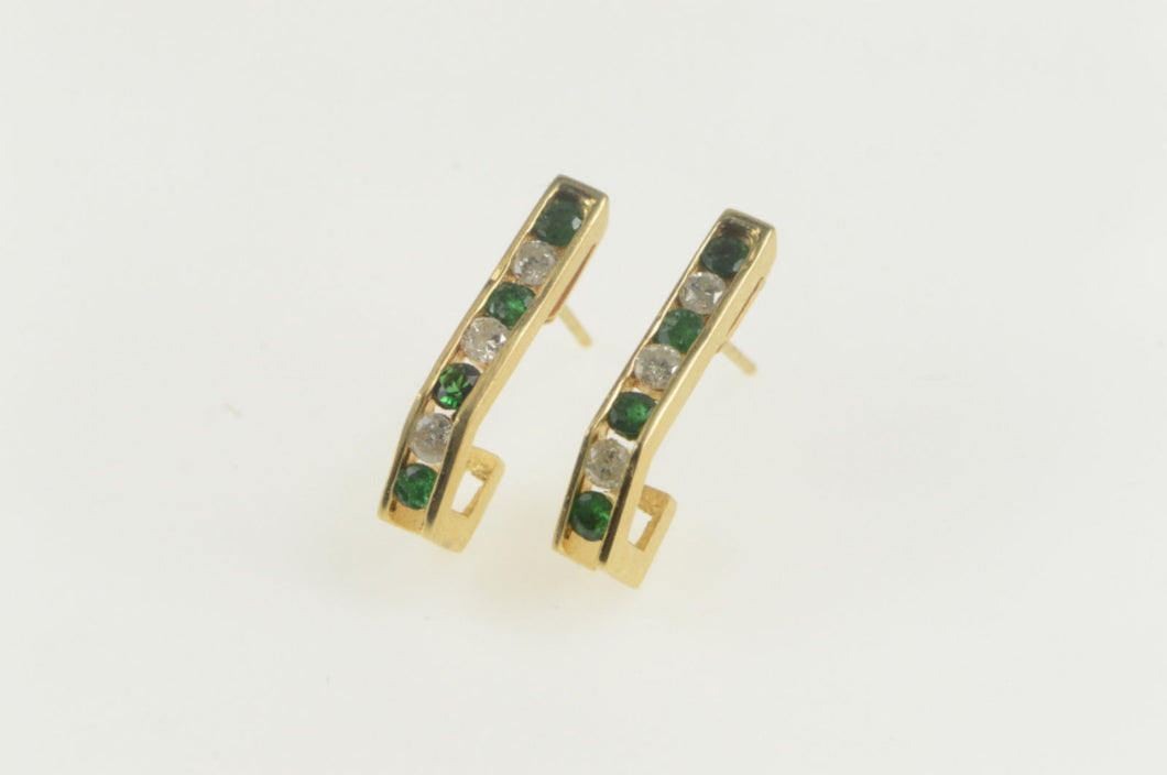 14K Emerald Diamond Accent Squared Bar Hoop Earrings Yellow Gold