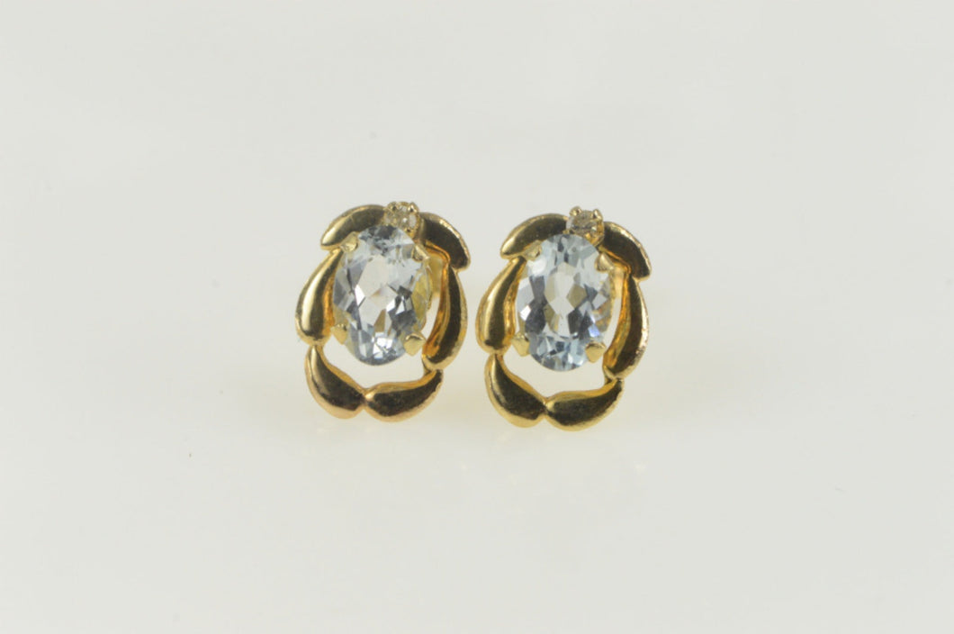 14K Oval Blue Topaz Diamond Scalloped Halo Earrings Yellow Gold
