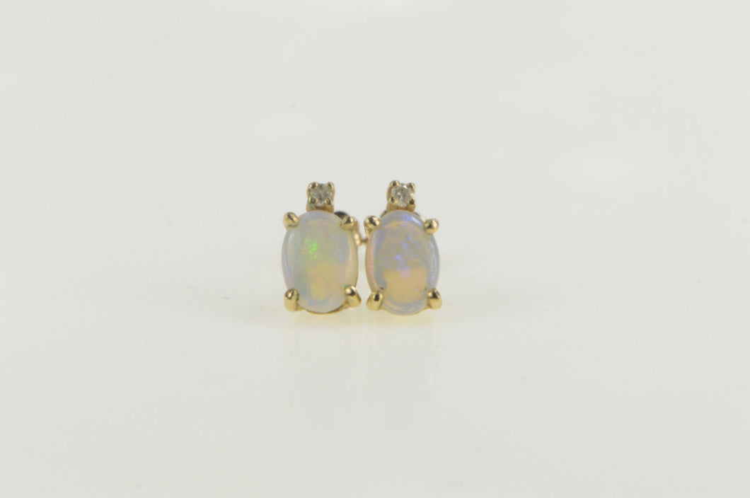 10K Oval Natural Opal Diamond Accent Stud Earrings Yellow Gold