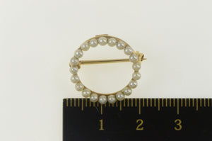 14K Ornate Retro Seed Pearl Circle Statement Pin/Brooch Yellow Gold