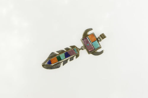Sterling Silver Yazzie Navajo Ornate Inlay Buffalo Feather Pendant