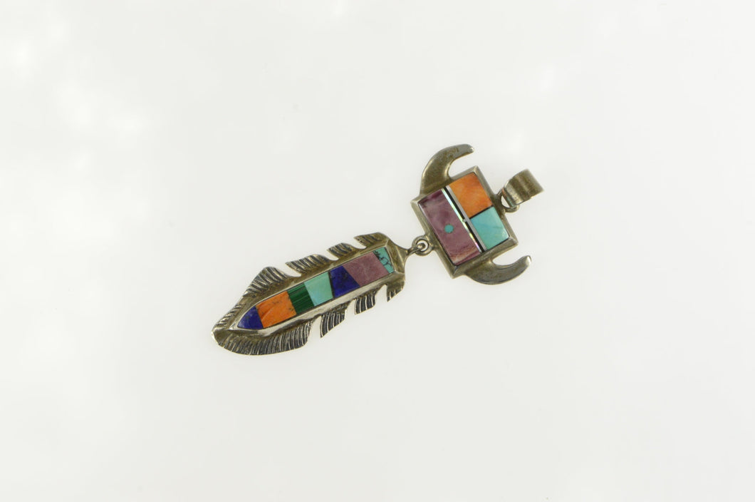 Sterling Silver Yazzie Navajo Ornate Inlay Buffalo Feather Pendant