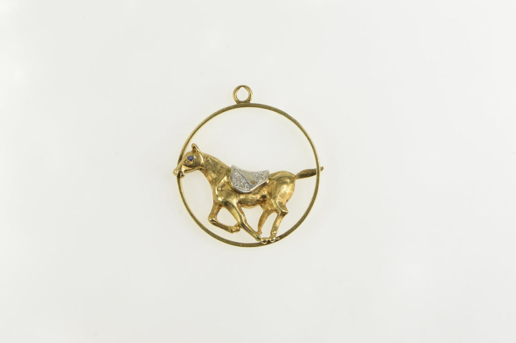 14K 1960's Galloping Diamond Race Horse Medallion Charm/Pendant Yellow Gold