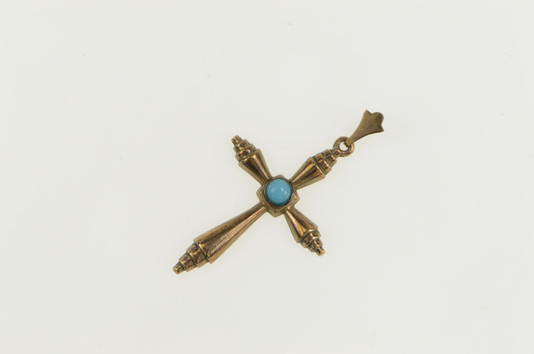 10K Victorian Turquoise Inset Cross Christian Pendant Yellow Gold