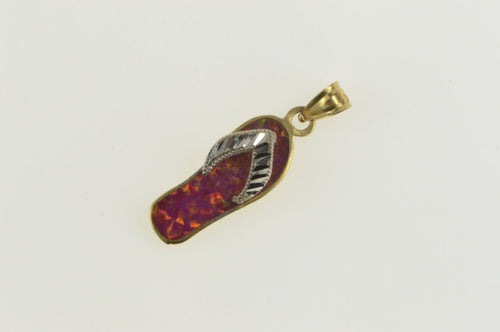 14K Syn. Pink Opal Flip Flop Sandal Beach Shoe Charm/Pendant Yellow Gold
