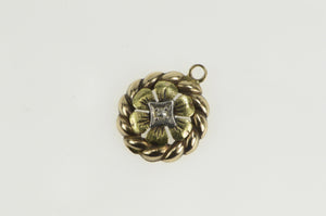 14K Diamond Retro Two Tone Flower Blossom Charm/Pendant Yellow Gold