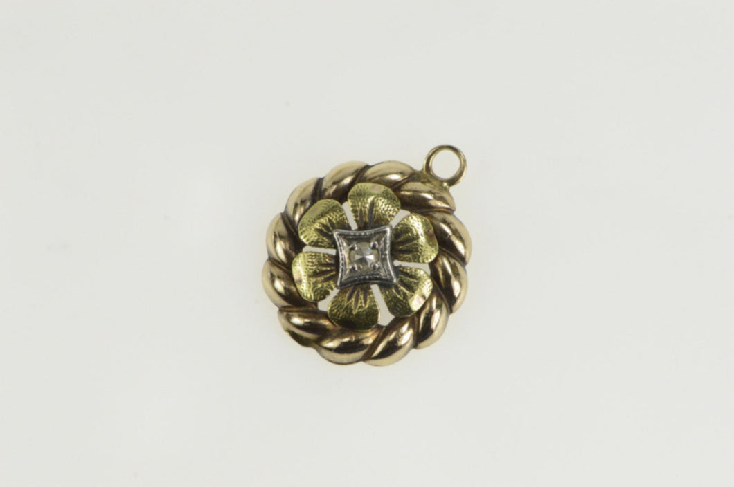 14K Diamond Retro Two Tone Flower Blossom Charm/Pendant Yellow Gold