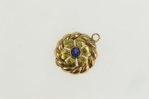 14K Round Syn. Sapphire Two Tone Flower Charm/Pendant Yellow Gold