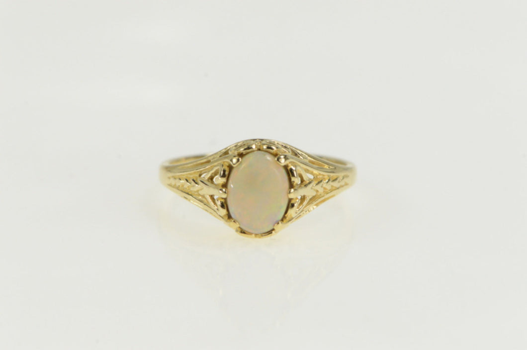 14K Oval Natural Opal Ornate Filigree Engagement Ring Yellow Gold